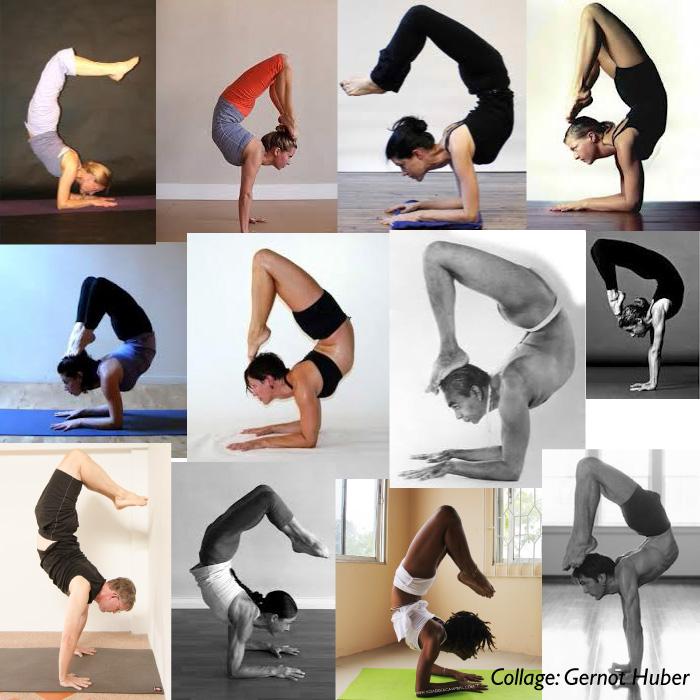 A collage of people in Scorpion pose